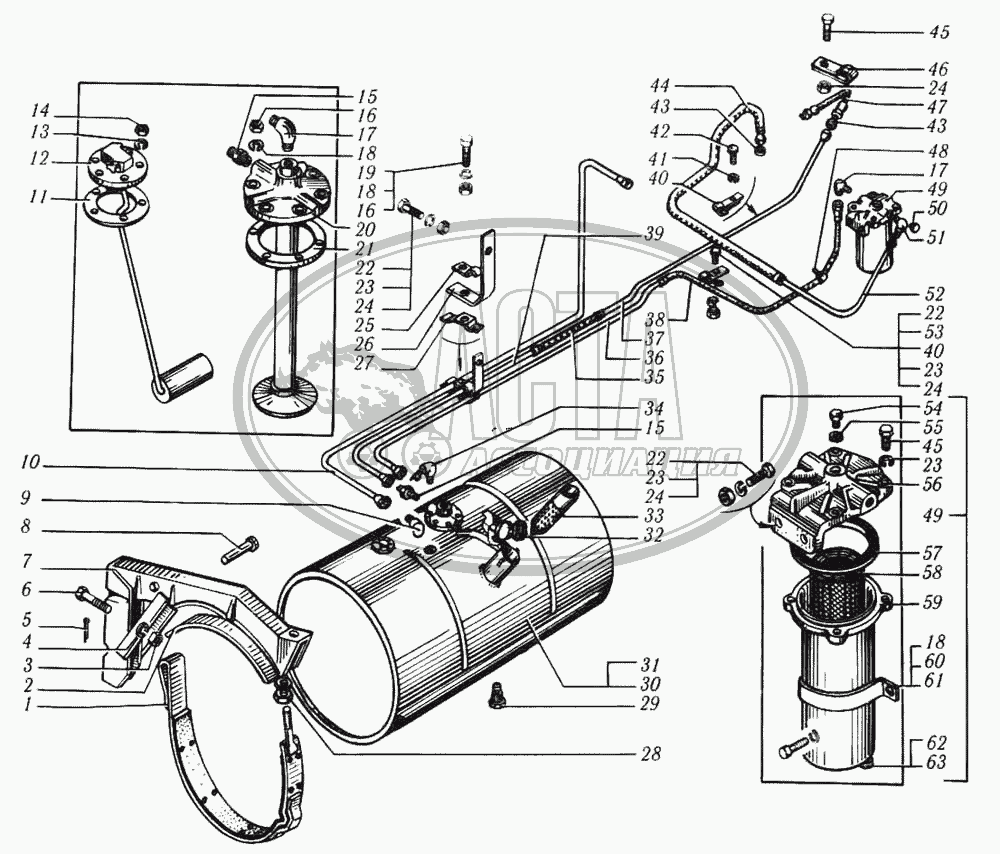 Топливный бак, топливопроводы и фильтр грубой очистки топлива автомобиля  КрАЗ-6510 для грузового автомобиля КРАЗ-6510