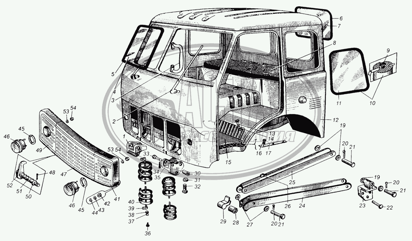 Каркас кабины и его крепление для грузового автомобиля МАЗ-504В