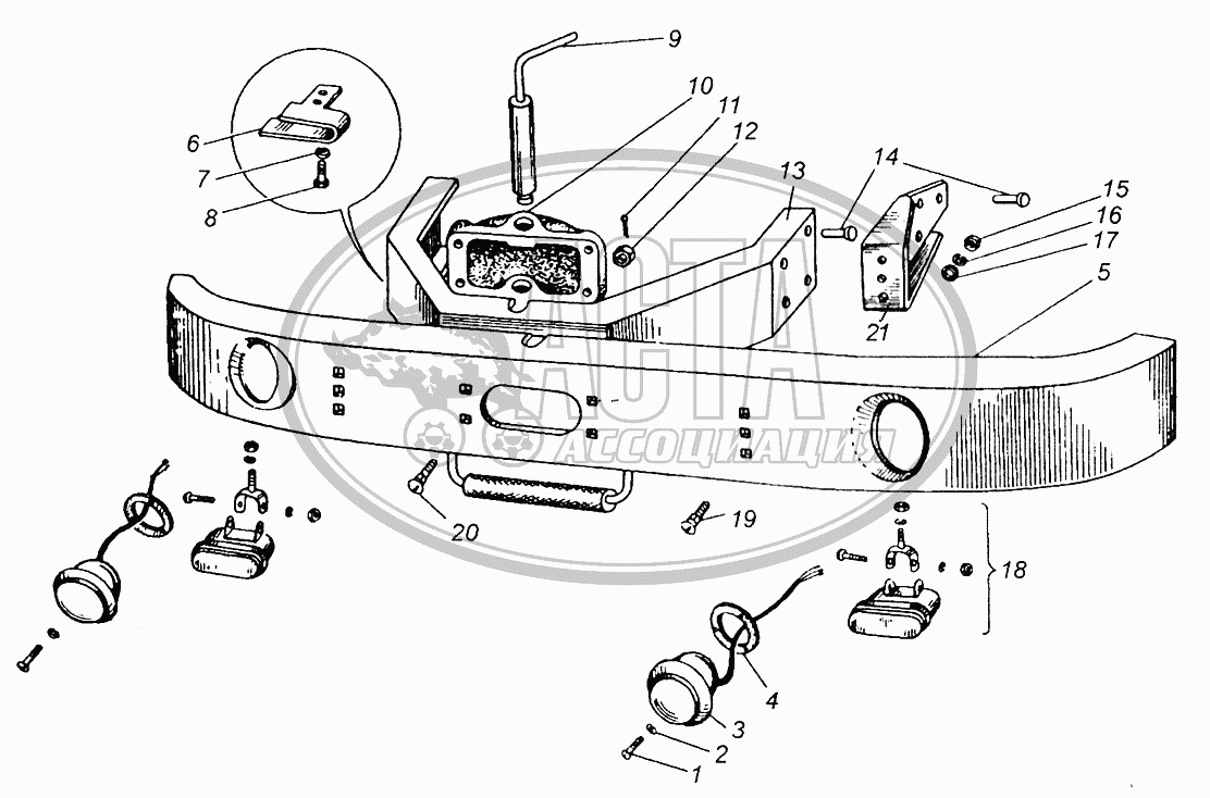 Бампер передний и крепление противотуманных фар для грузового автомобиля  МАЗ-504В