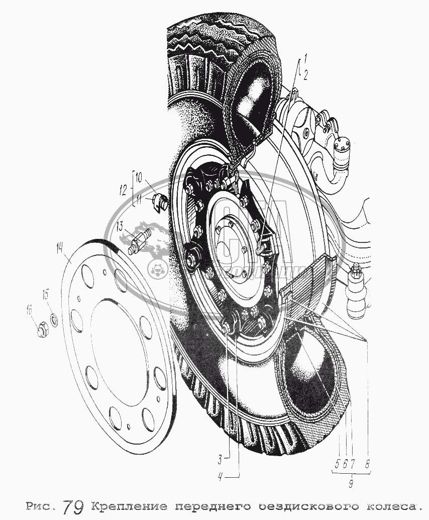 Крепление переднего бездискового колеса для грузового автомобиля МАЗ-5551