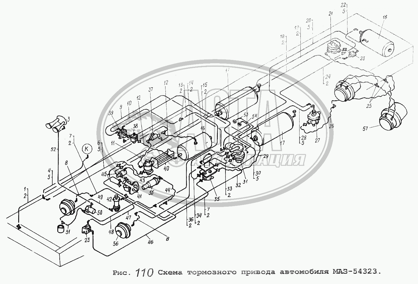 Схема тормозного привода автомобиля МАЗ-54323 для грузового автомобиля МАЗ  ОБЩИЙ (СМ. МОД-ЦИИ)