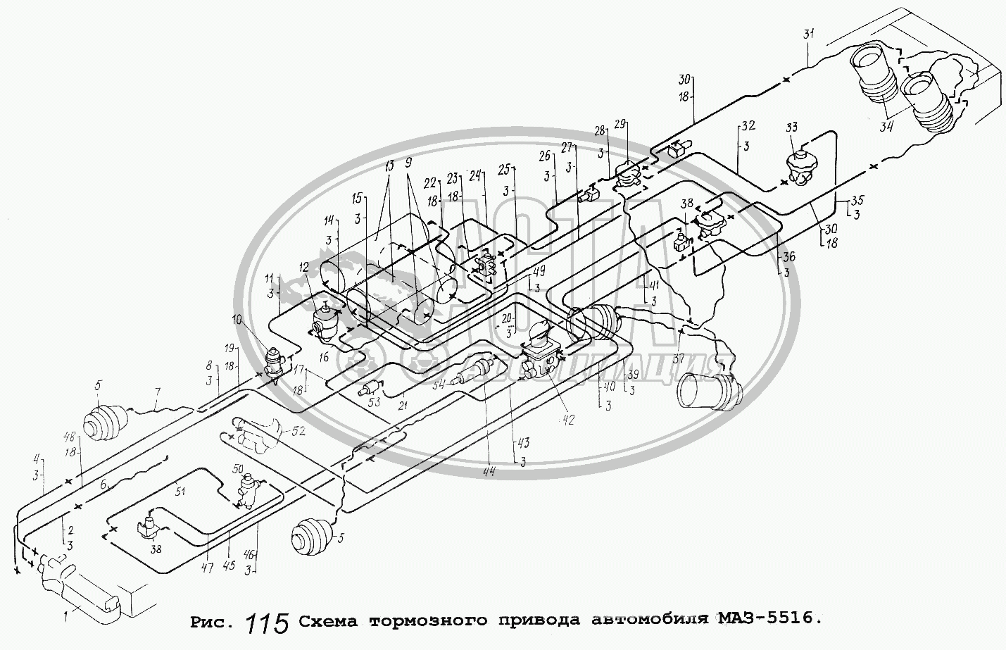 Схема тормозного привода автомобиля МАЗ-5516 для грузового автомобиля МАЗ  ОБЩИЙ (СМ. МОД-ЦИИ)