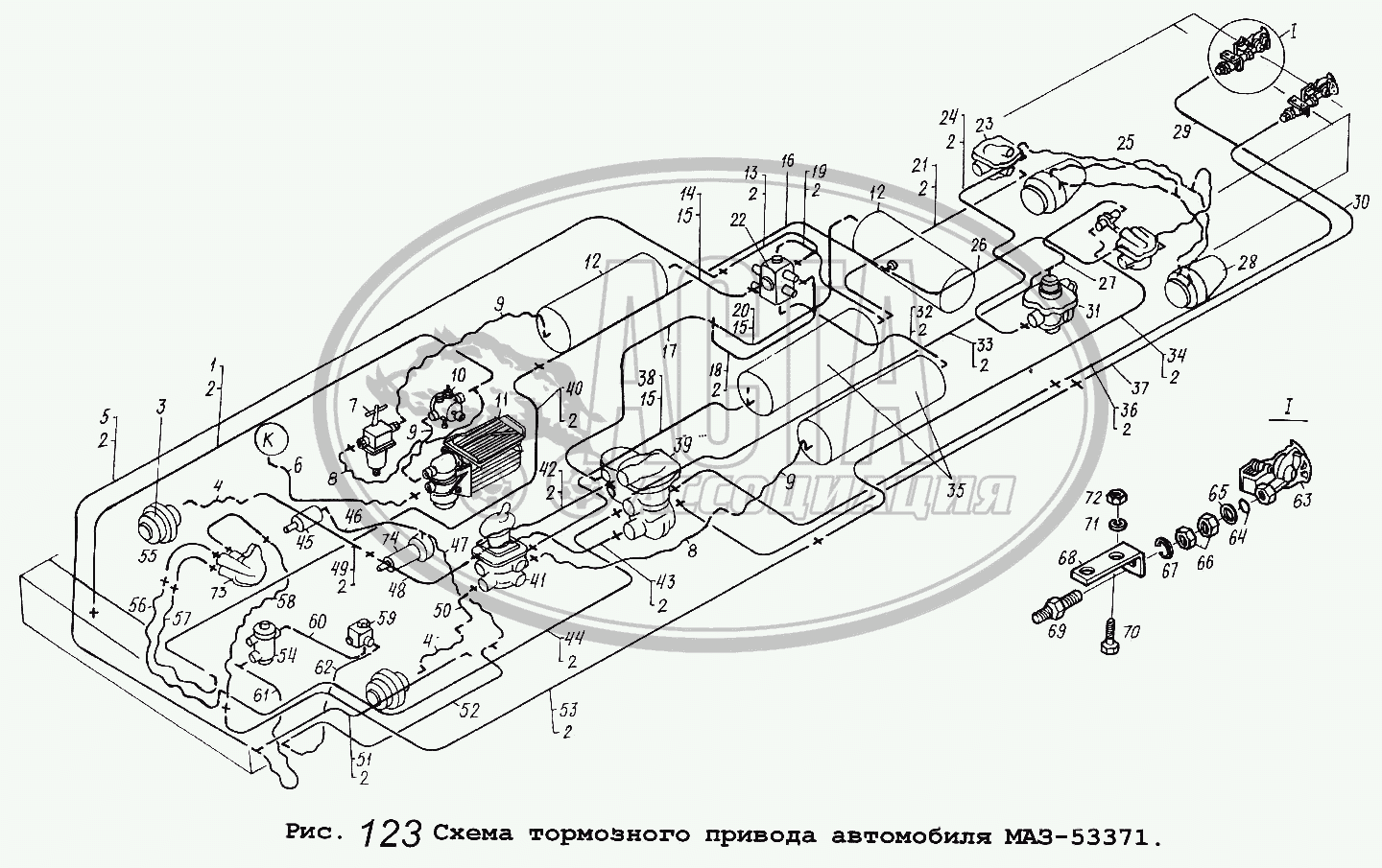 Схема тормозного привода автомобиля МАЗ-53371 для грузового автомобиля  МАЗ-53371