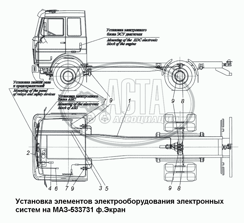 Установка элементов электрооборуд.электронных систем на МАЗ-533731 ф.Экран  для грузового автомобиля МАЗ-533731