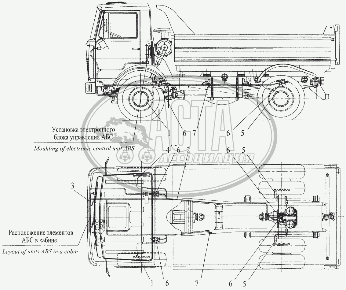 Установка элементов электрооборудования АБС на автомобиле МАЗ-555102 (с  малой кабиной) для грузового автомобиля МАЗ-5432