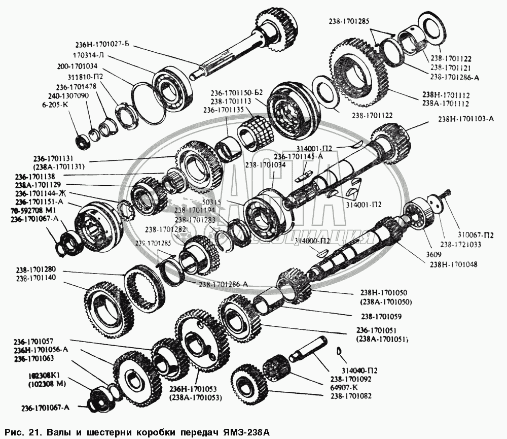 Валы и шестерни коробки передач ЯМЗ-238А для грузового автомобиля МАЗ-54328