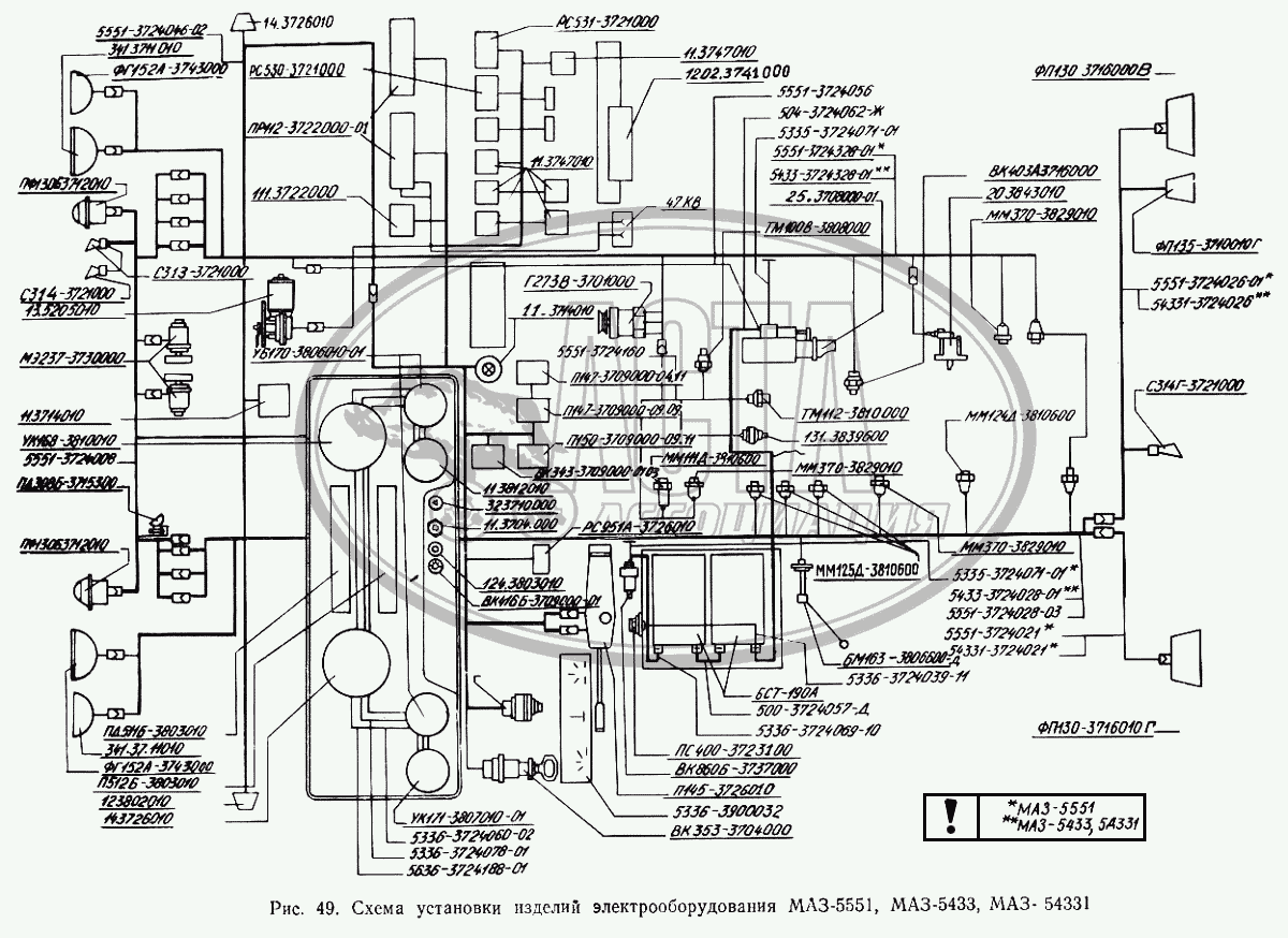 Схема установки изделий электрооборудования МАЗ-5551, МАЗ-5433, МАЗ-54331  для грузового автомобиля МАЗ-5433