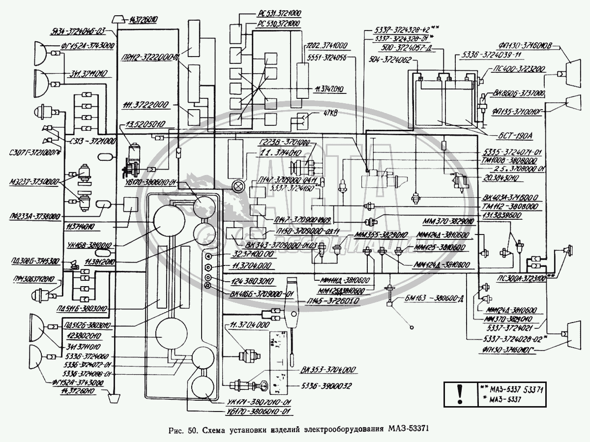 Схема установки изделий электрооборудования МАЗ-53371 для грузового  автомобиля МАЗ-5433
