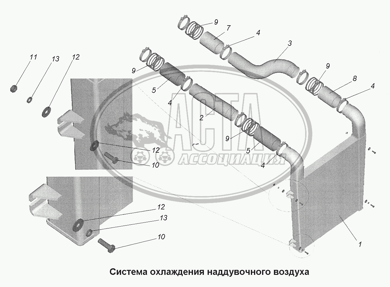 Система охлаждения наддувочного воздуха для грузового автомобиля  МАЗ-543403, 641705, 641708