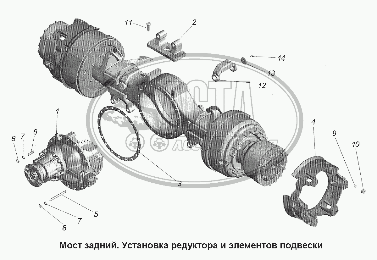 Мост задний. Установка редуктора и элементов подвески (2) для грузового  автомобиля МАЗ-543403, 641705, 641708