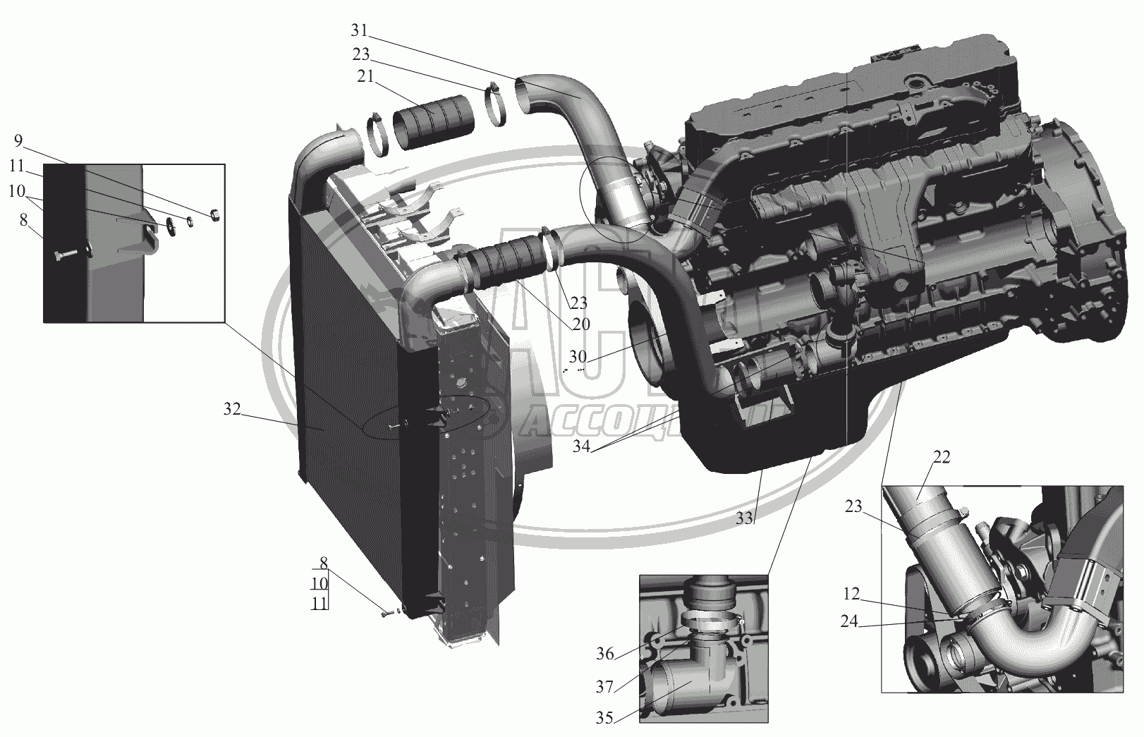 Система охлаждения наддувочного воздуха для грузового автомобиля МАЗ-631236