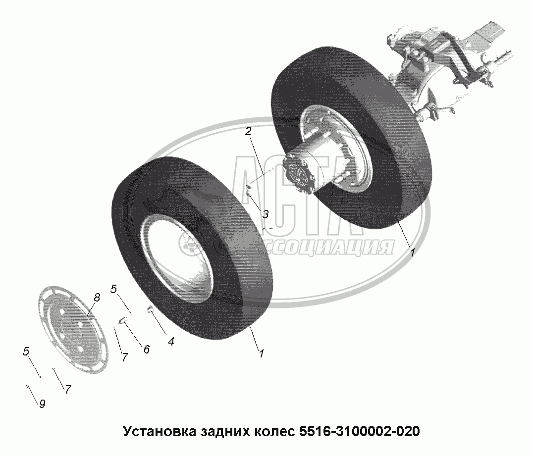 Колеса и ступицыУстановка задних колес 5516-3100002-020 для грузового  автомобиля МАЗ-631705, 631708