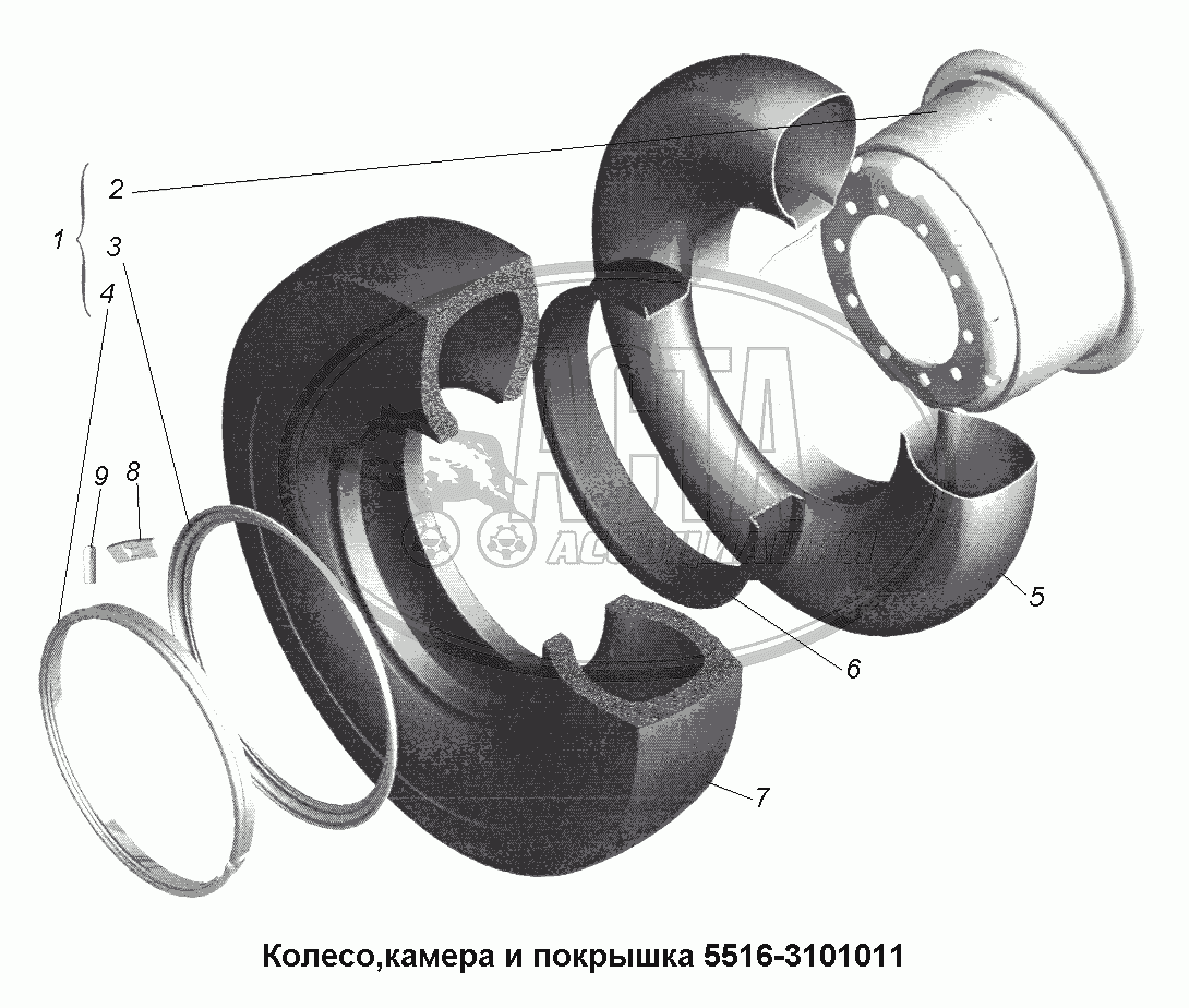 Колеса и ступицыКолесо, камера и покрышка 5516-3101011 для грузового  автомобиля МАЗ-631705, 631708