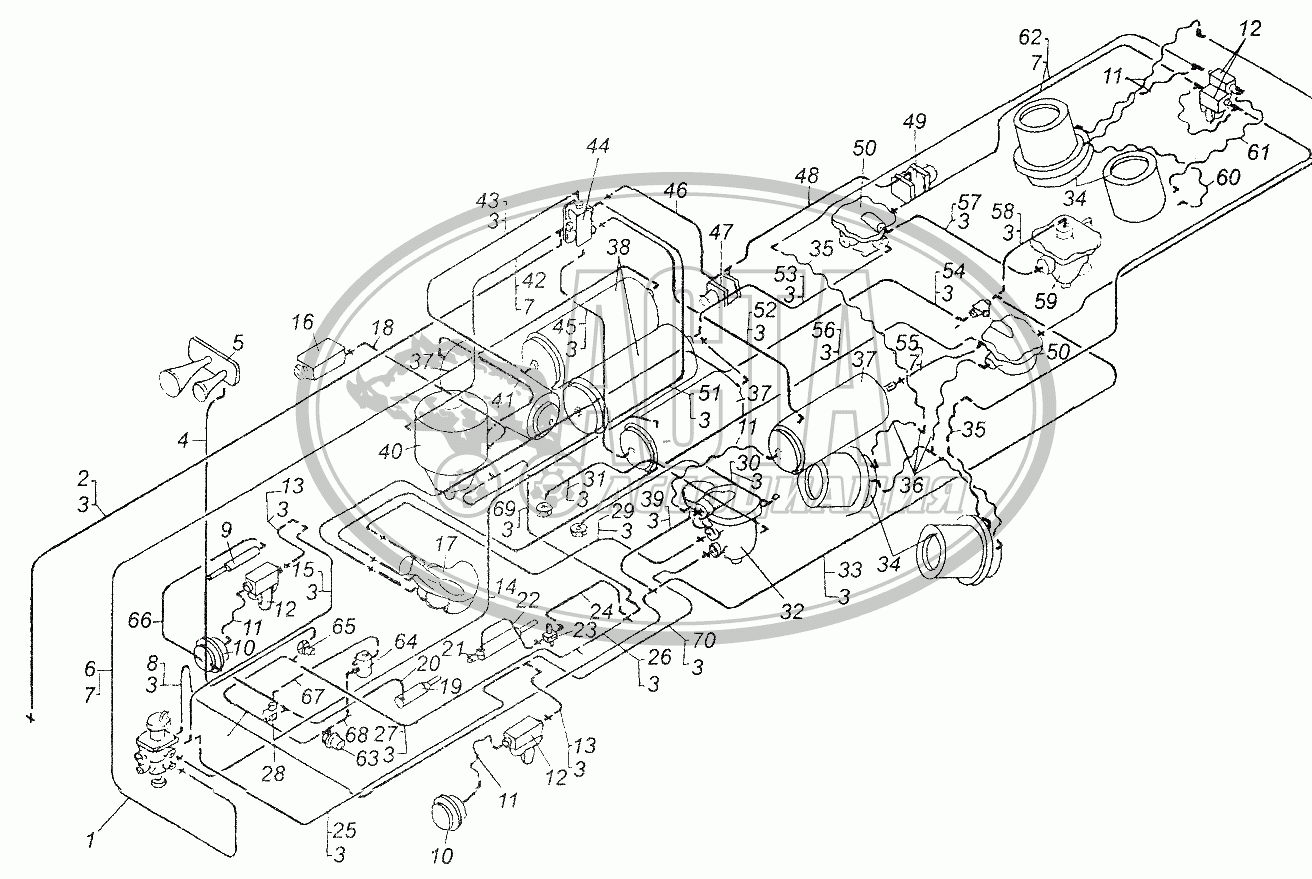 Схема тормозного привода автомобиля МАЗ-6422 для грузового автомобиля  МАЗ-64226