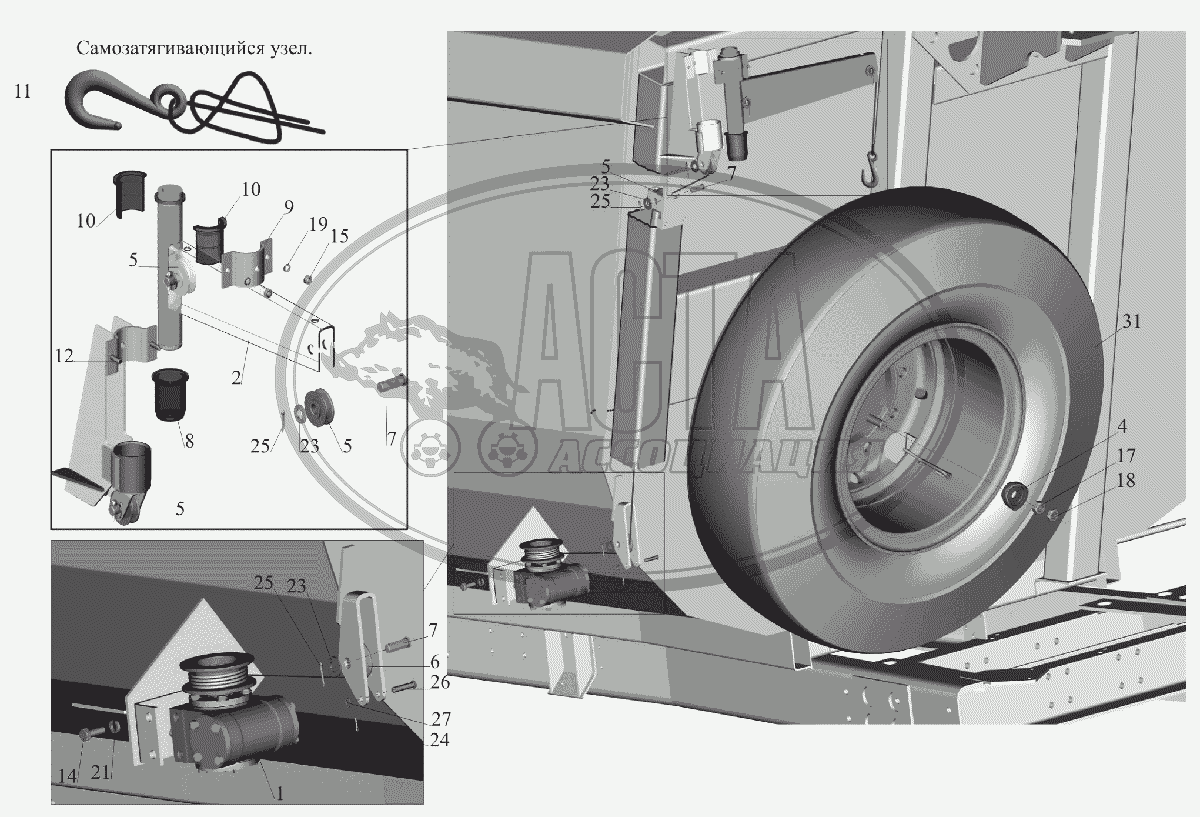 Установка запасного колеса для грузового автомобиля МАЗ-6516V8-520  (6516V8-540)