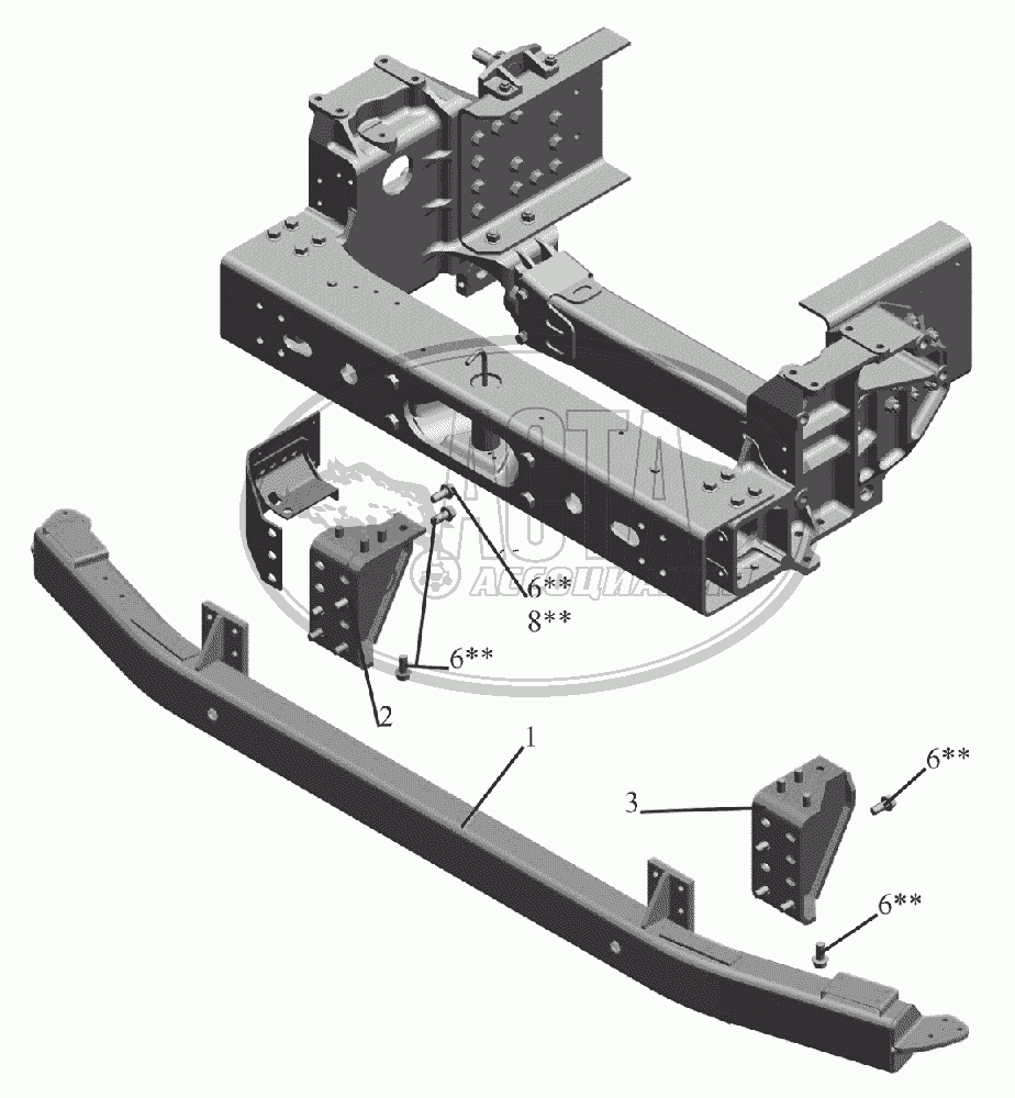 Установка переднего противоподкатного бруса 6516V8-2800030-000 для  грузового автомобиля МАЗ-6516V8-520 (6516V8-540)