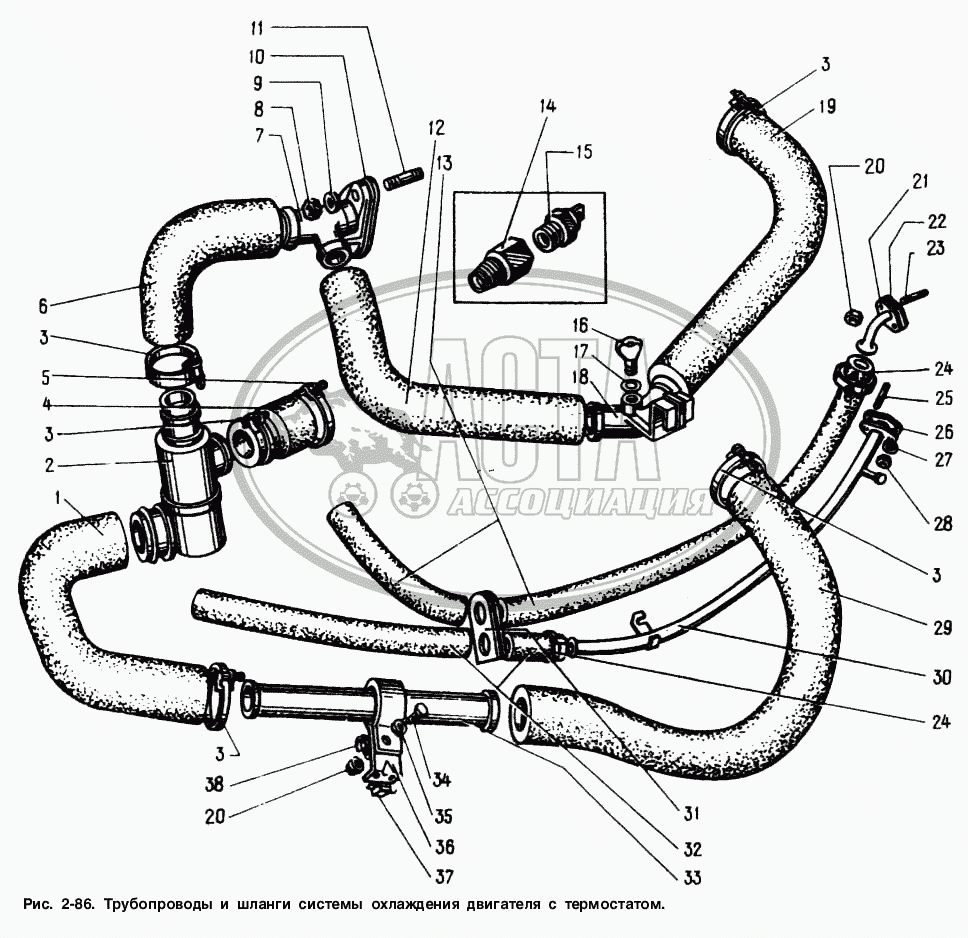 Трубопроводы и шланги системы охлаждения двигателя с термостатом для АЗЛК  МОСКВИЧ-2141