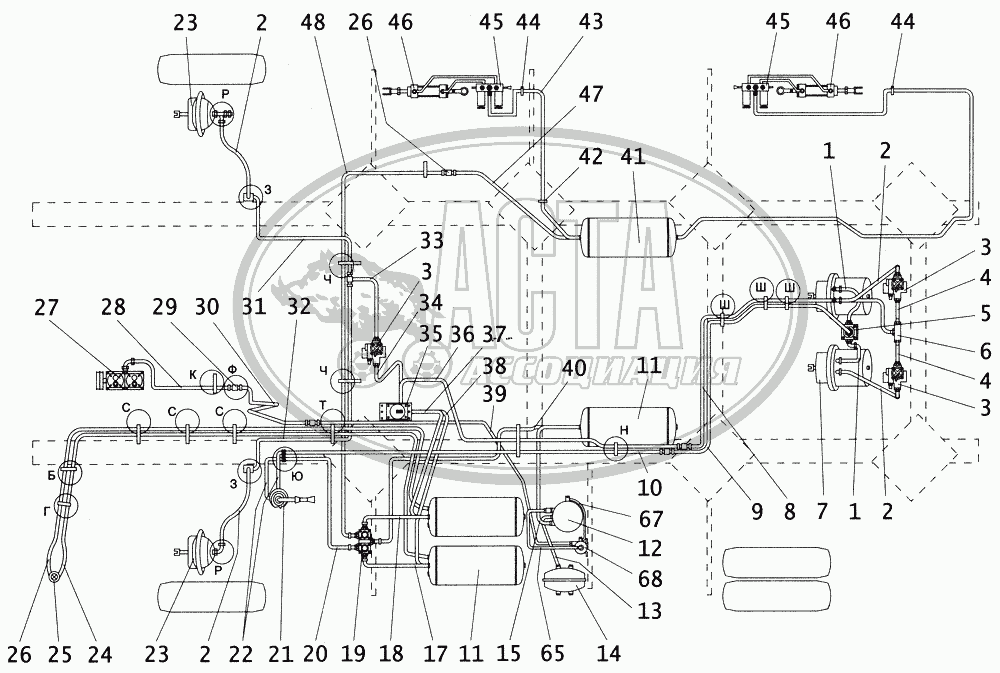 Запчасти для Тормоза Схема пневматической системы тормозов с пневмоаппаратами