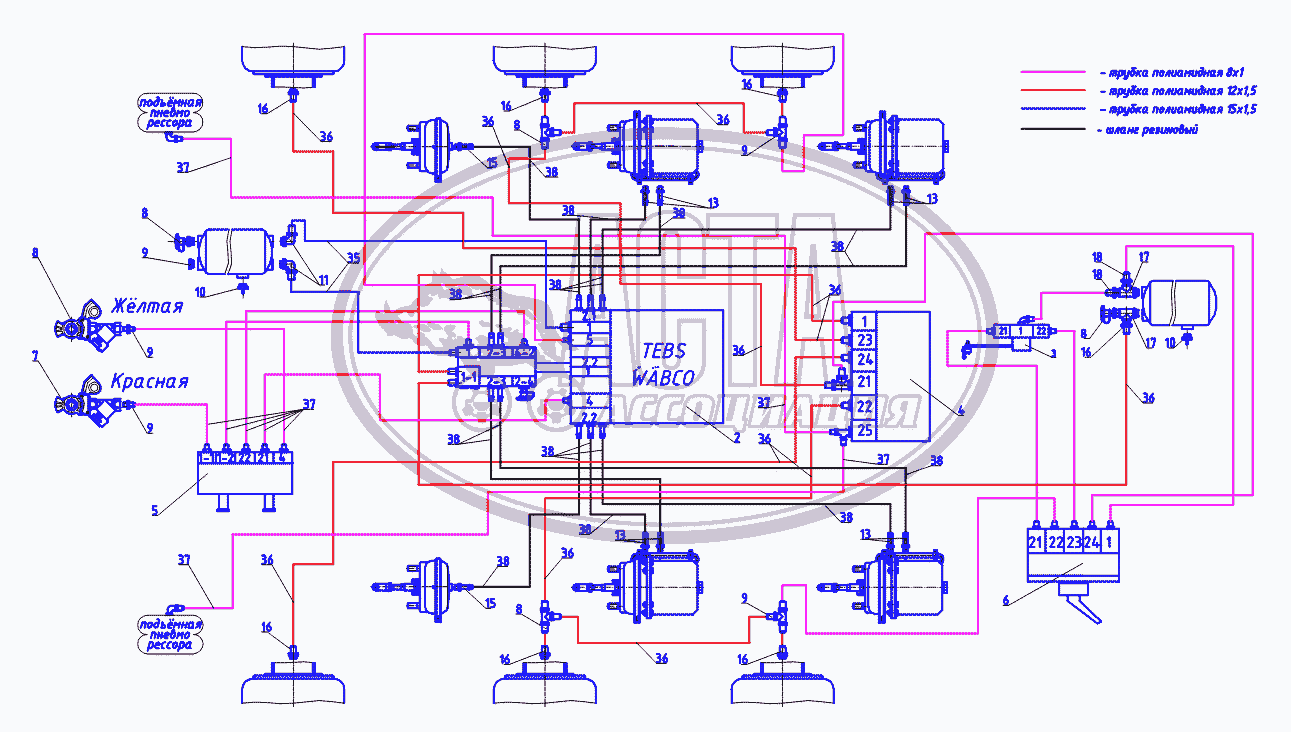 Схема пневматическая WABCO для грузового автомобиля ТОНАР-9523 (ВАРИАНТ)