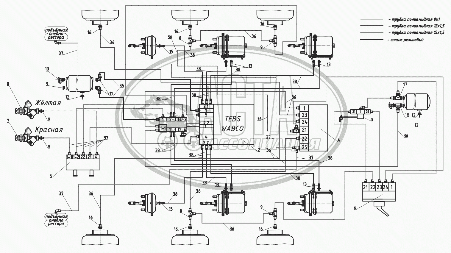 Схема пневматическая с компонентами WABCO для грузового автомобиля  ТОНАР-97461