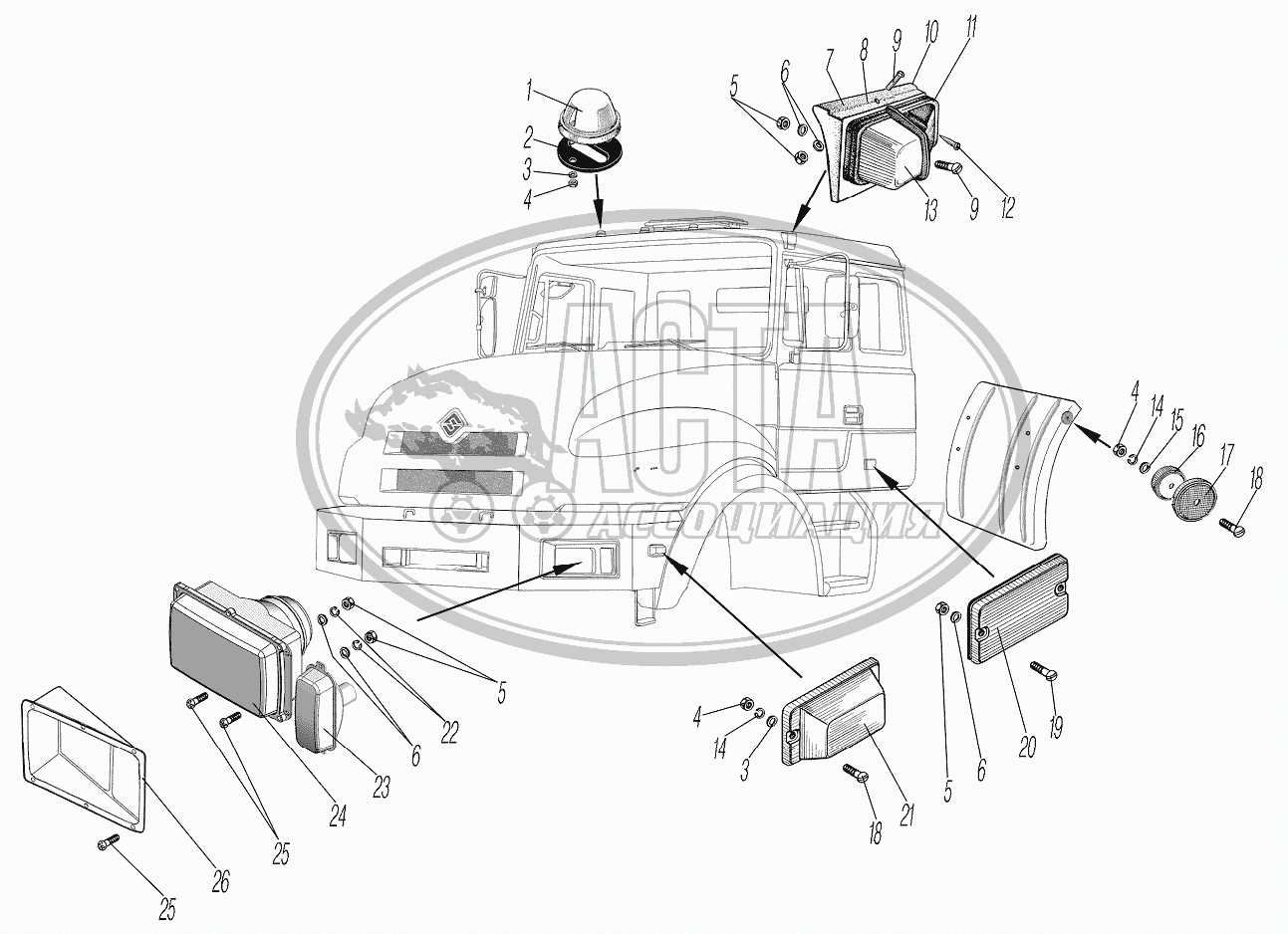 Установка фар, фонарей знака автопоезда, габаритных и указателей поворота  для грузового автомобиля УРАЛАЗ УРАЛ-4320-1951-58