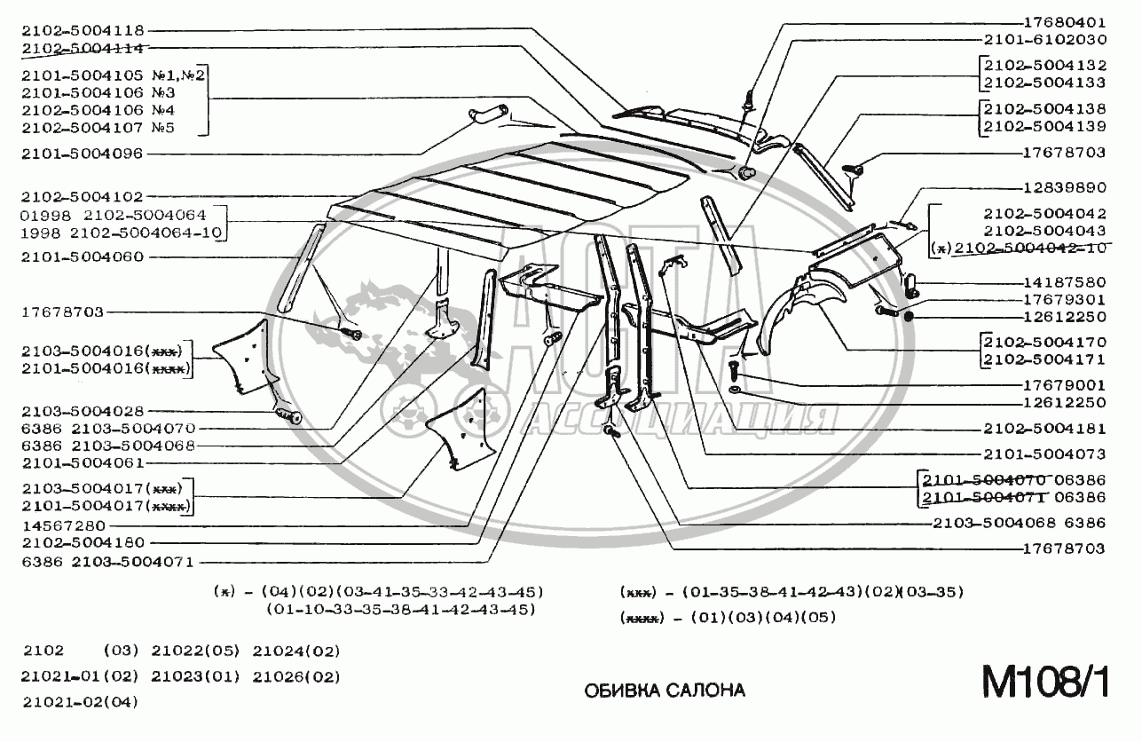 Обивка салона ВАЗ (Чертеж № 2: список деталей, стоимость запчастей). Каталог г.