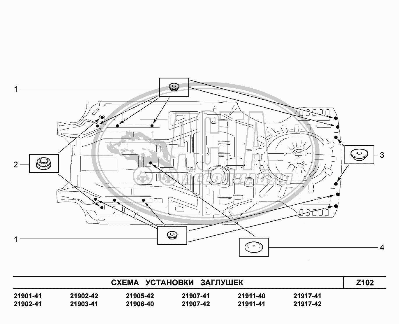 Z102. Схема установки заглушек для ВАЗ LADA GRANTA 2190
