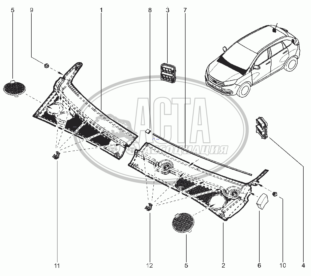 555410. РЕШЕТКА НАКЛАДКИ ВЕТРОВОГО ОКНА, ДЕФЛЕКТОРЫ для ВАЗ LADA XRAY