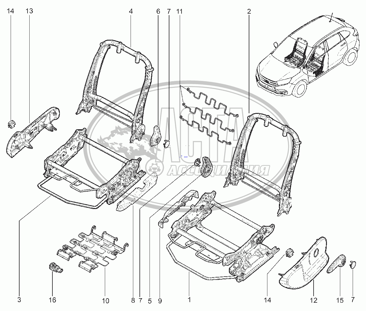 770310. КАРКАС ПЕРЕДНИХ СИДЕНИЙ Е1, Е2 для ВАЗ LADA XRAY