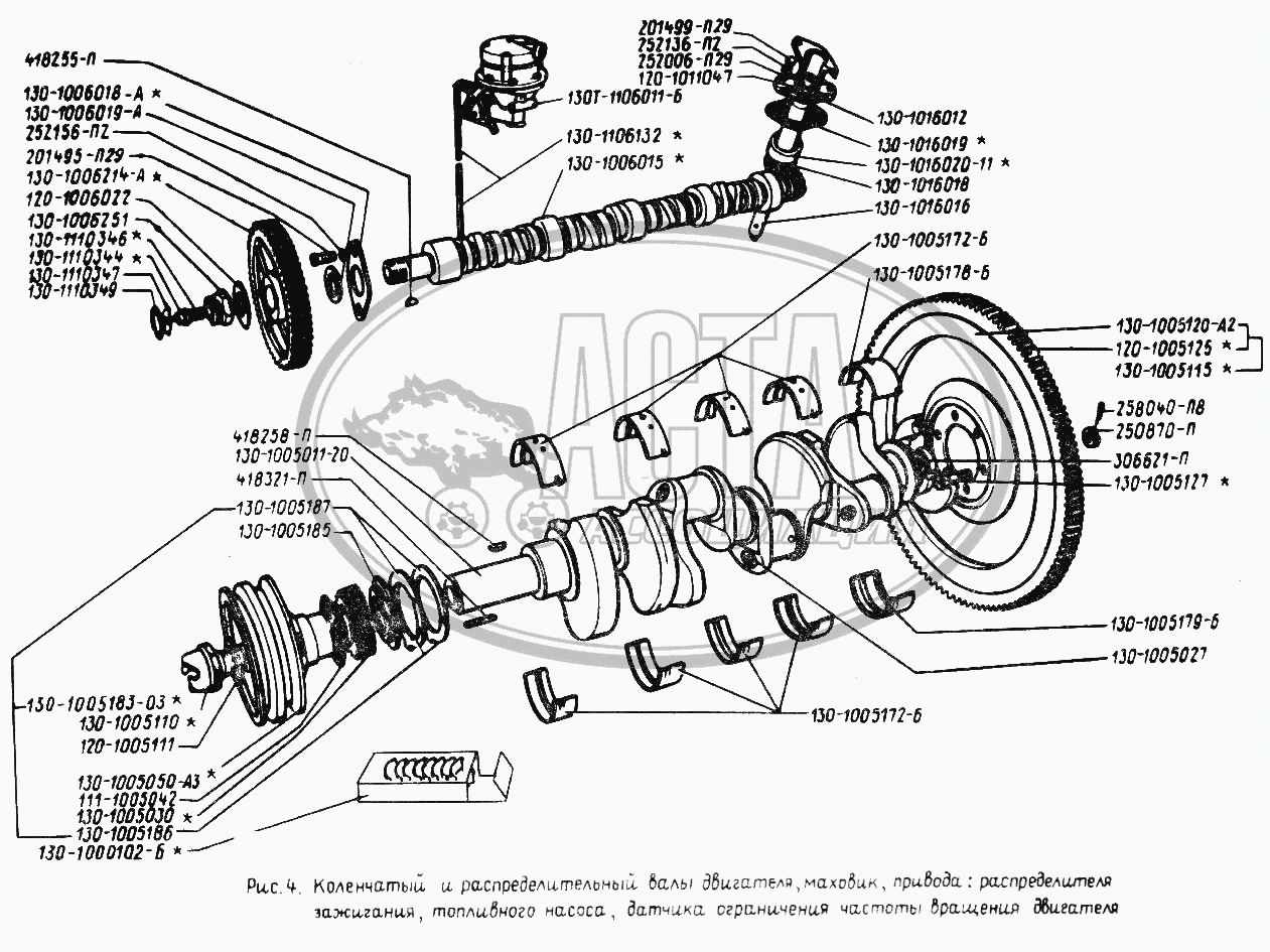 Коленчатый и распределительный валы двигателя, маховик, привода:  распределителя зажигания, топливного насоса, датчика ограничения частоты  вращения двигателя для грузового автомобиля ЗИЛ-431410 (130)