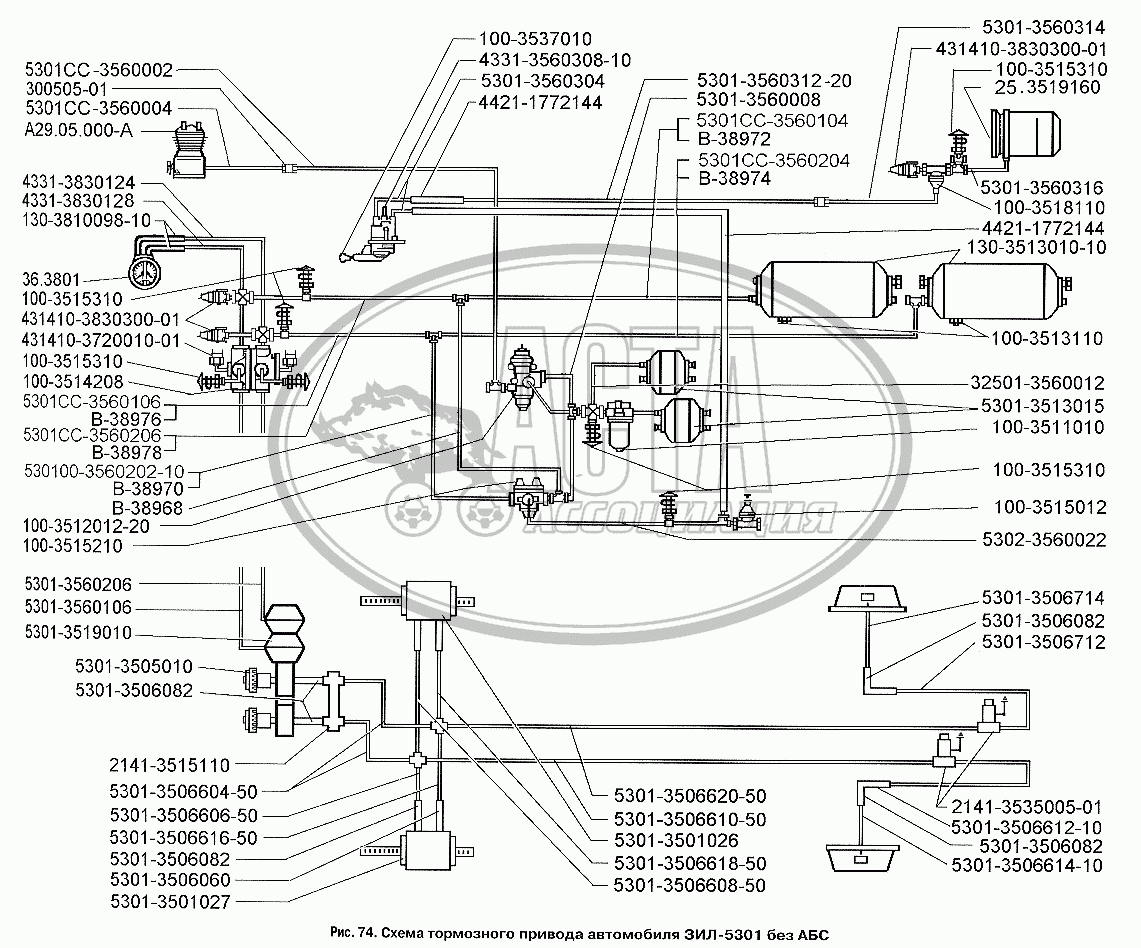 Схема тормозного привода автомобиля ЗИЛ-5301 без АБС, разделенного по  бортам для автобуса ЗИЛ-3250