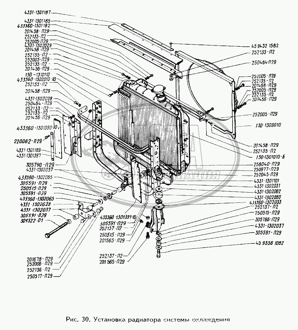 Установка радиатора системы охлаждения для грузового автомобиля ЗИЛ-494560