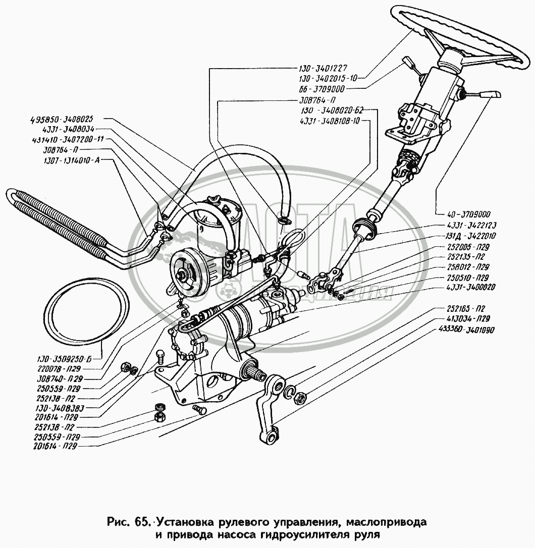 Установка рулевого управления, маслопривода и привода насоса гидроусилителя  руля для грузового автомобиля ЗИЛ-433360