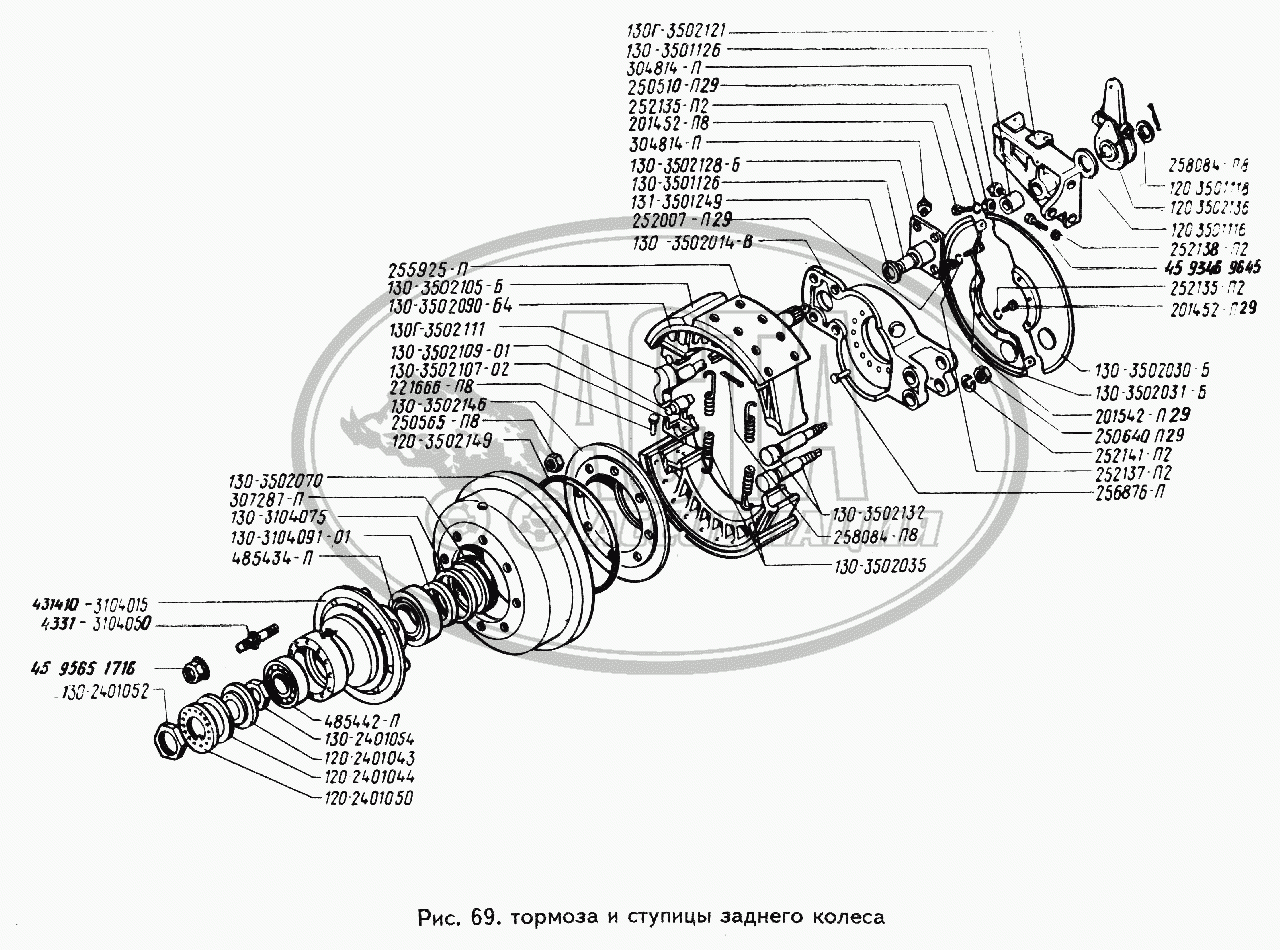 Тормоза и ступицы заднего колеса для грузового автомобиля ЗИЛ-494560