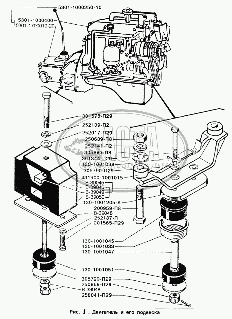 Двигатель и его подвеска для грузового автомобиля ЗИЛ-5301