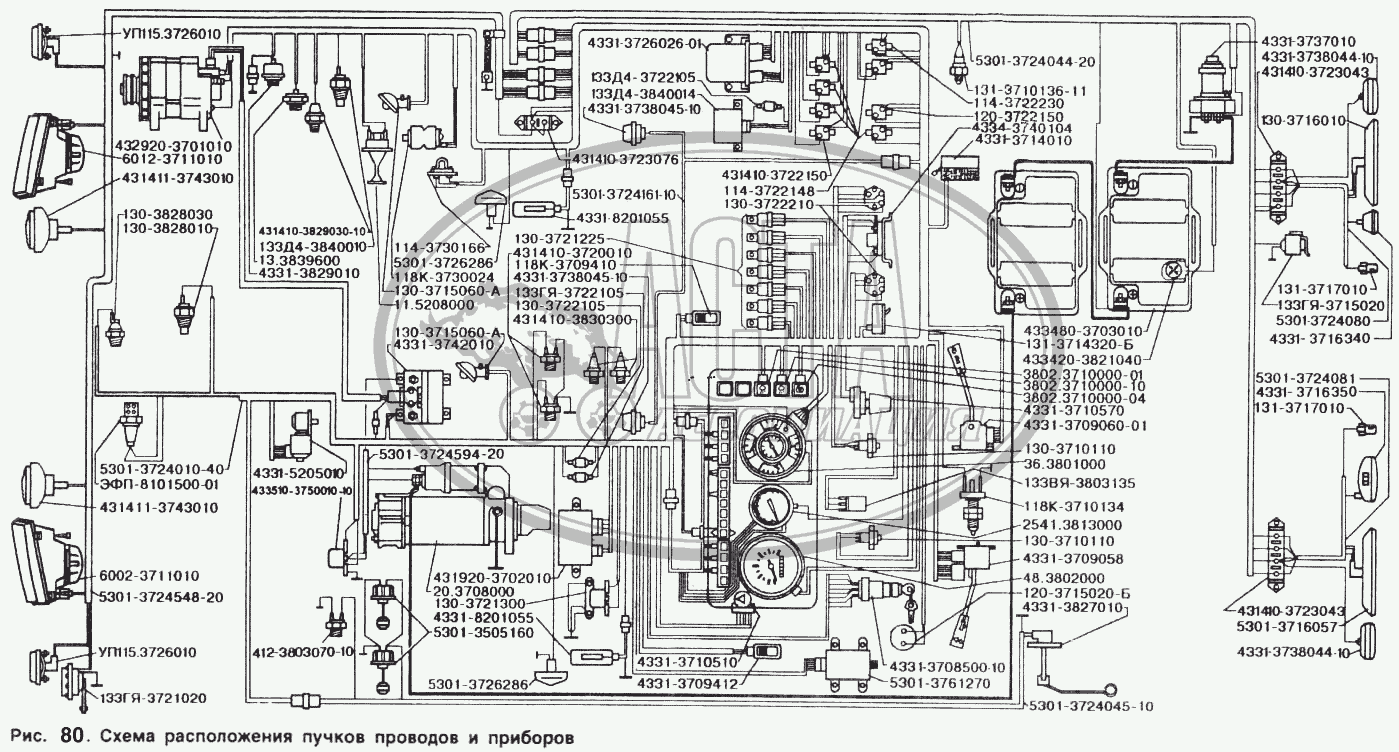 Схема расположения пучков проводов и приборов для грузового автомобиля  ЗИЛ-5301